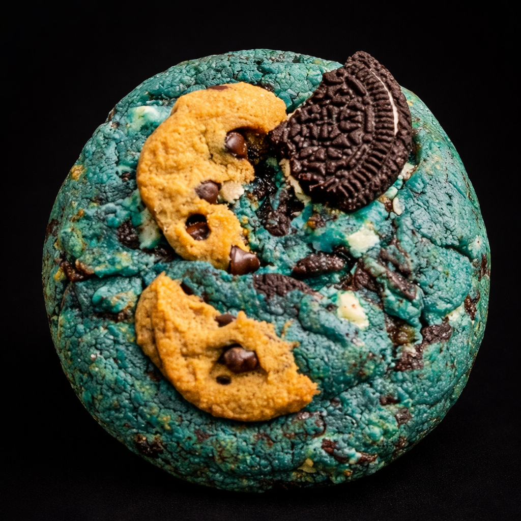 Blue cookie with chocolate chips and Oreo cookies on a black background