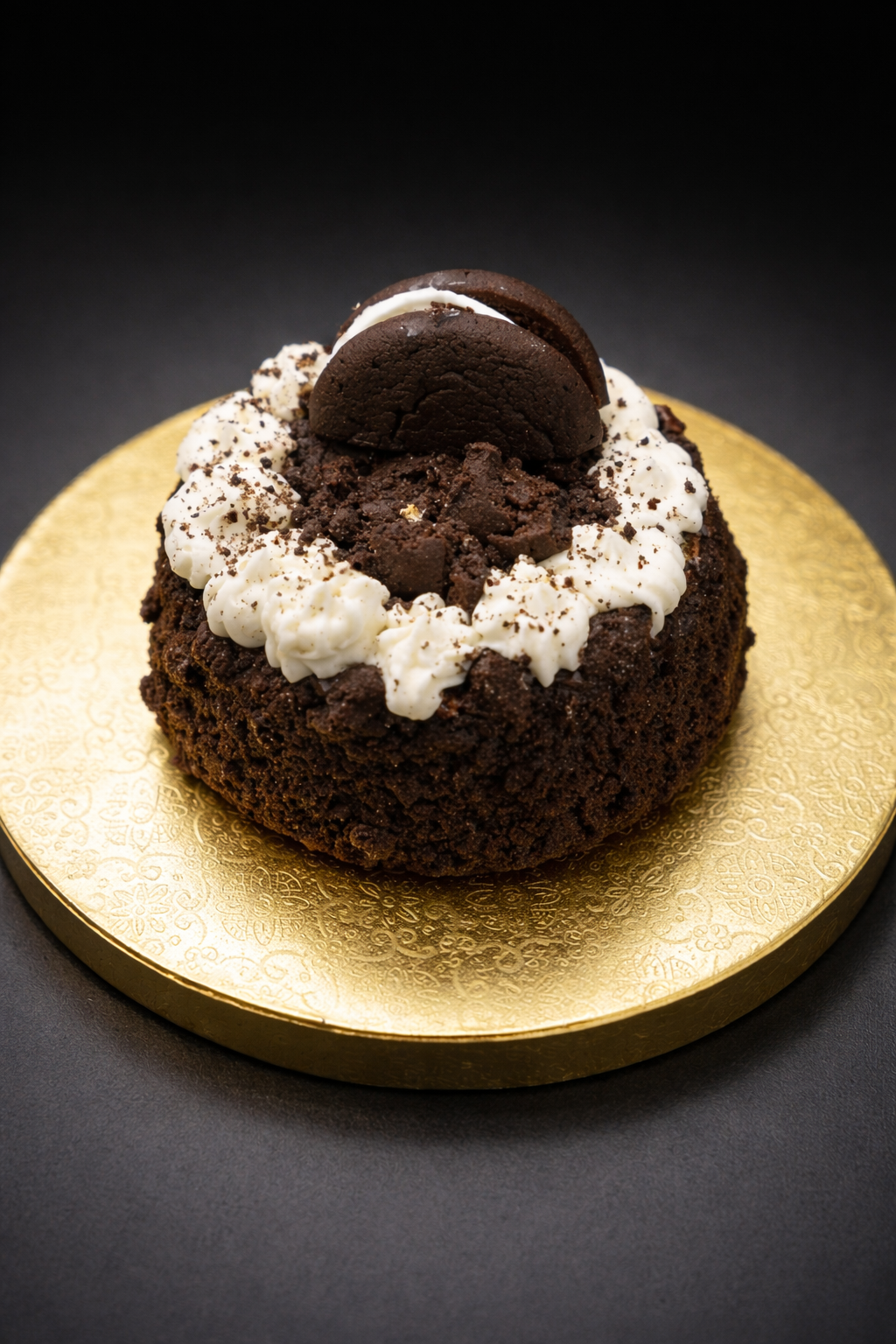 Chocolate cake with white cream and a cookie on a gold plate against a dark background