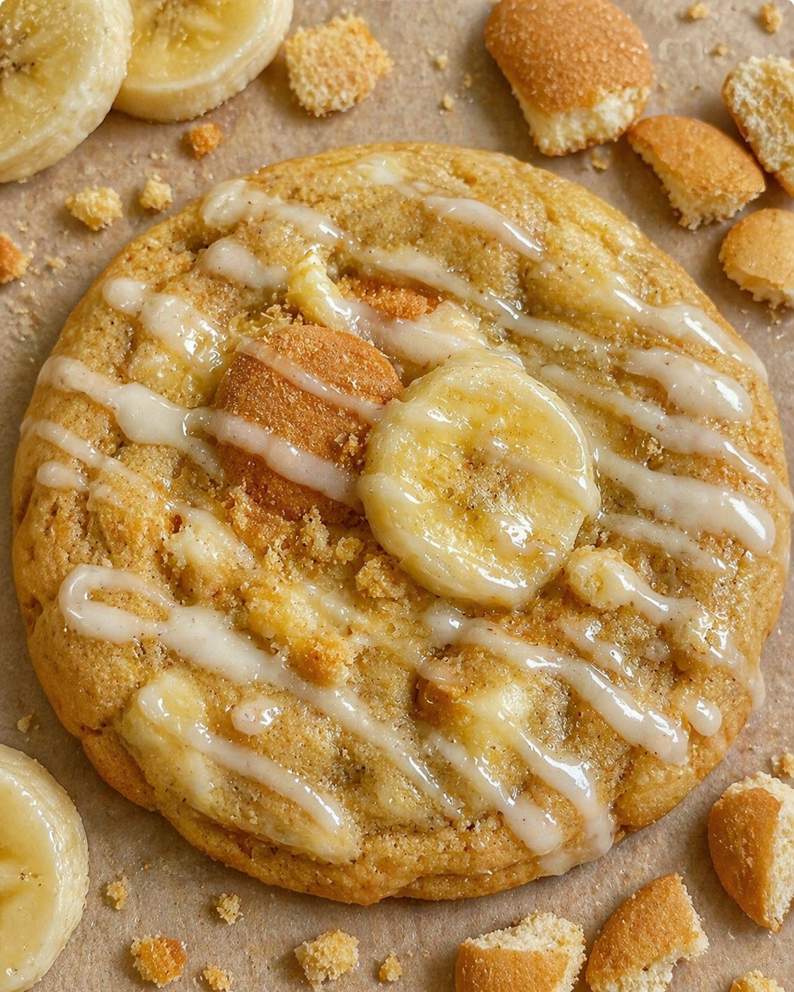 Cookie with banana slices and white drizzle on a brown surface with crumbled cookies and banana slices.