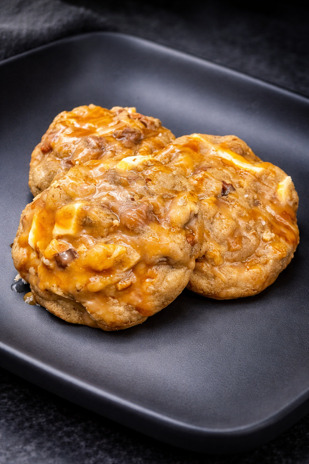 Three cheesy meat patties on a black plate with a dark background