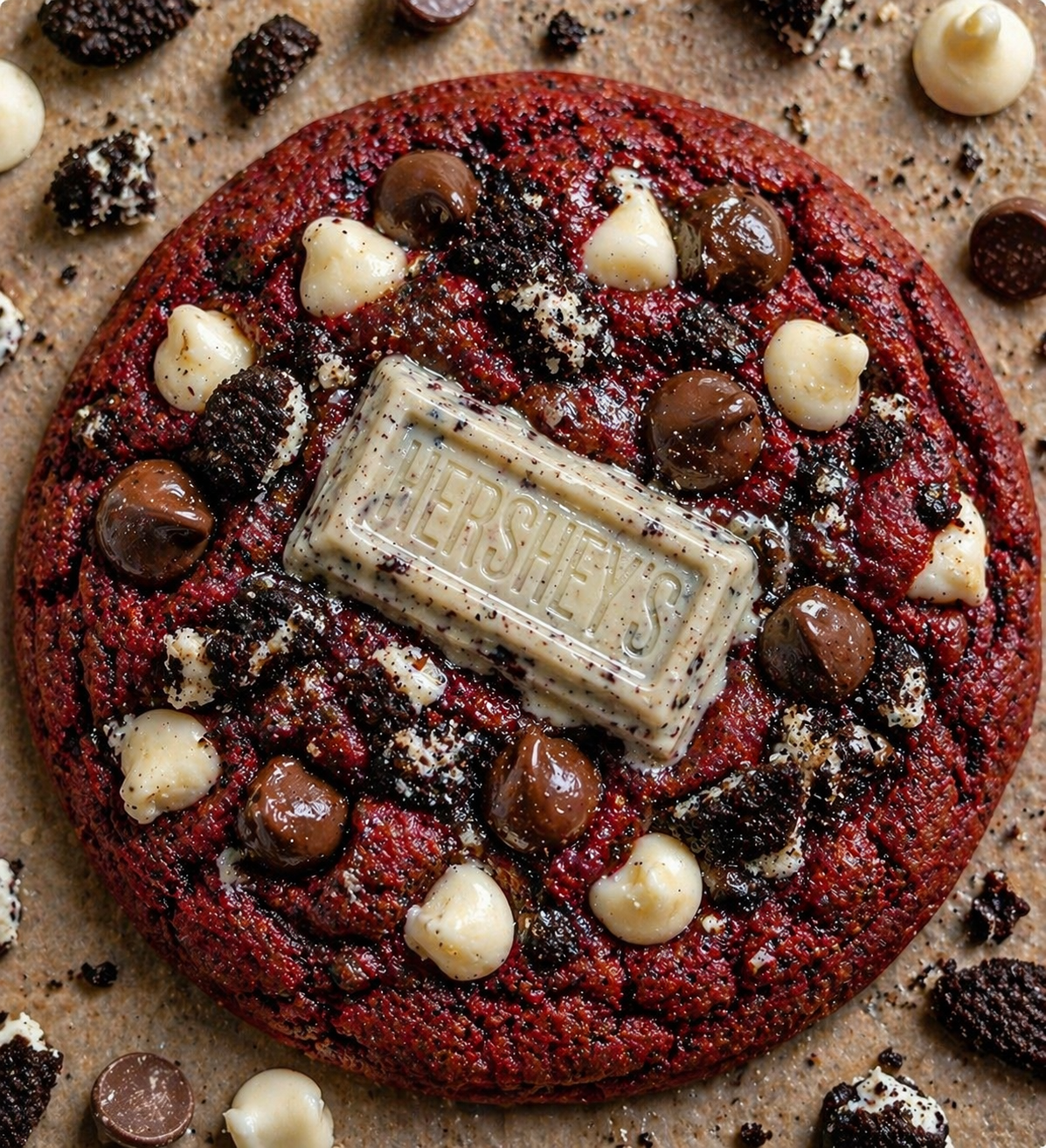 Red velvet cookie with Hershey's bar and chocolate chips on a rustic surface