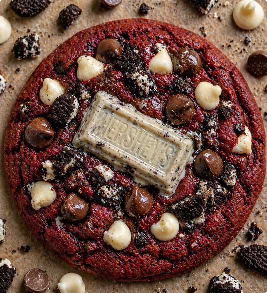 Red velvet cookie with Hershey's bar and chocolate chips on a rustic surface
