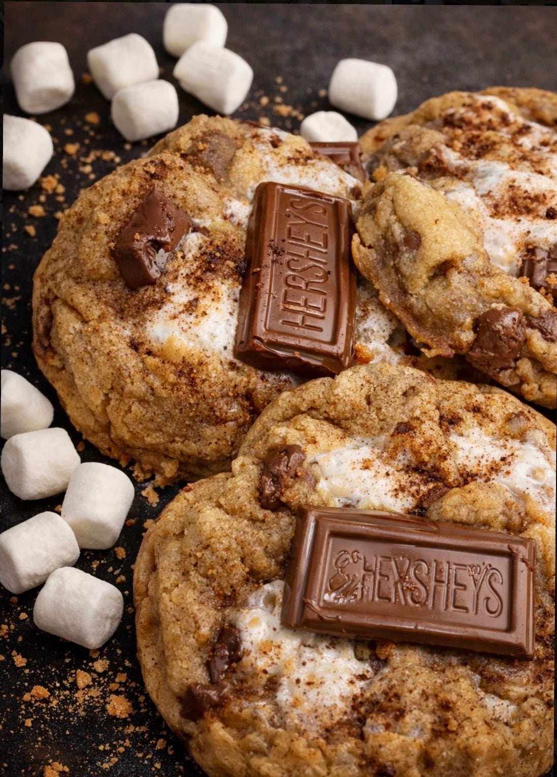 Cookies with Hershey's chocolate bars and marshmallows on a dark surface