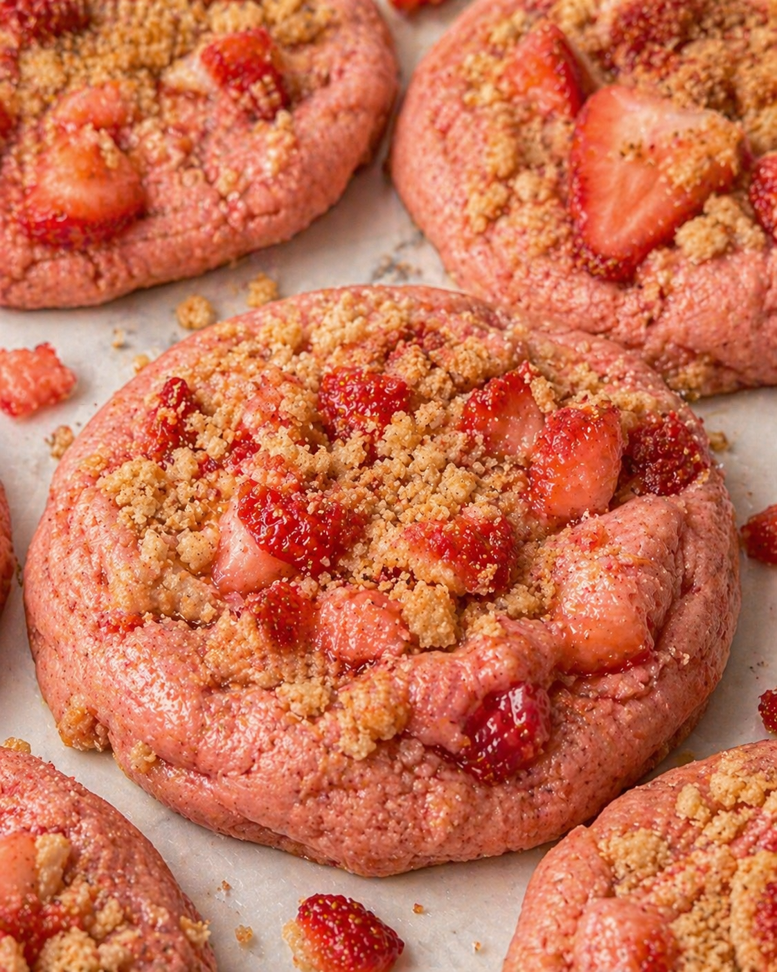 Pink cookies with strawberry pieces and brown sugar crumble on a marble surface