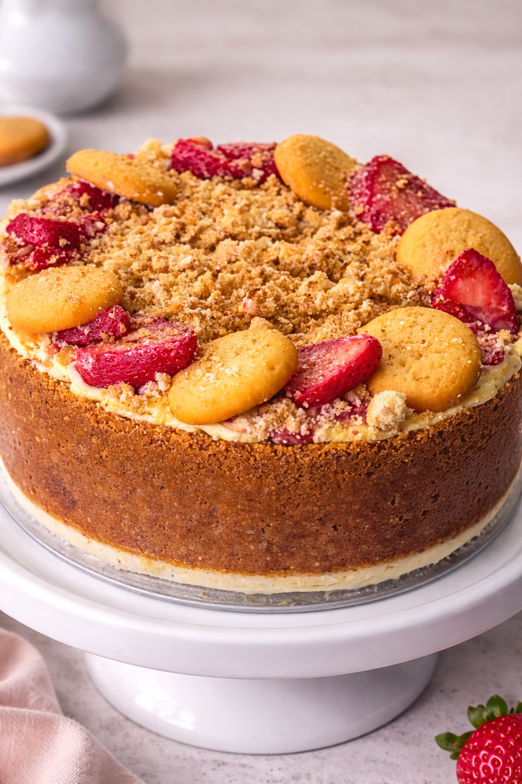 Cheesecake with strawberry and cookie crumble on a white cake stand